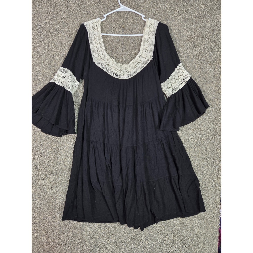 My Story Tiered Mini Dress Womens Small Black Crochet Lace Bell Sleeve Boho